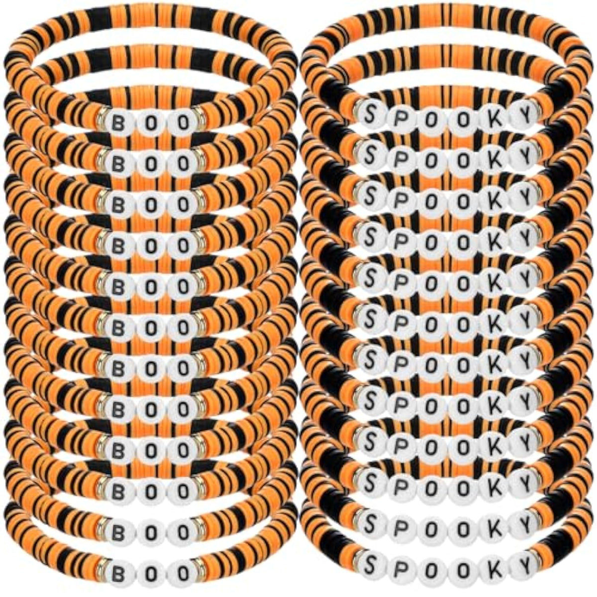 24 Pcs Spooky Boo Halloween Bracelets Polymer Clay Beaded Stretch Bracelets Letter Boho Jewelry For Women Halloween Party Favors For Family Friend Accessory Gift(Orange And Black)