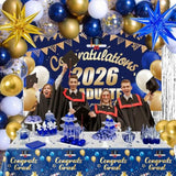 Graduation Decorations 2026, 71 Pcs Blue Gold Themed Set, Graduation Party Decoration With Confetti Foil Balloons, Congrats Grad Banner, Tablecloth Fringe Backdrop