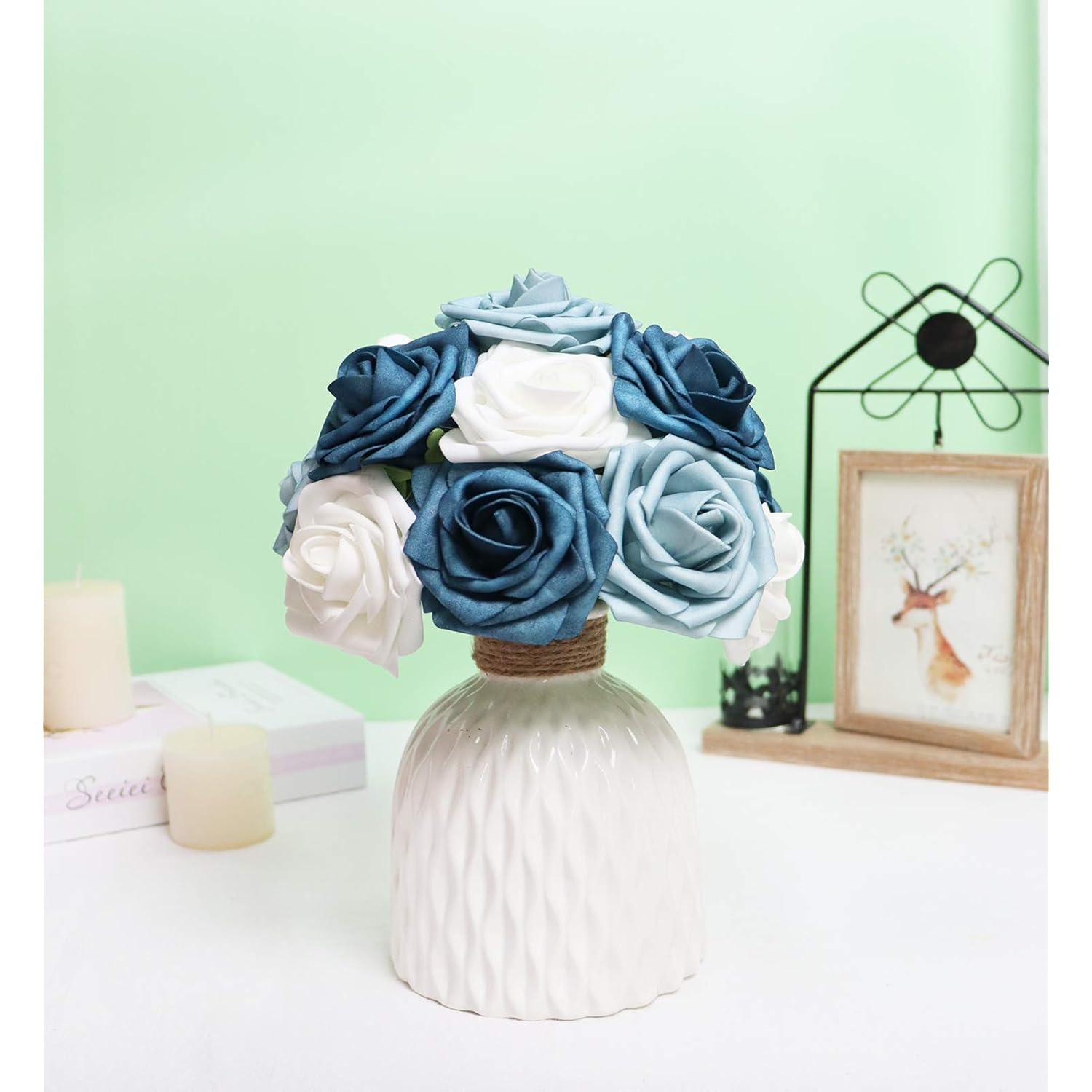 Artificial Flowers 25Pcs Real Looking White & Dusty Blue Shades Fake Roses With Stem For Diy Wedding Bouquets Centerpieces Baby Shower Party Home Decorations
