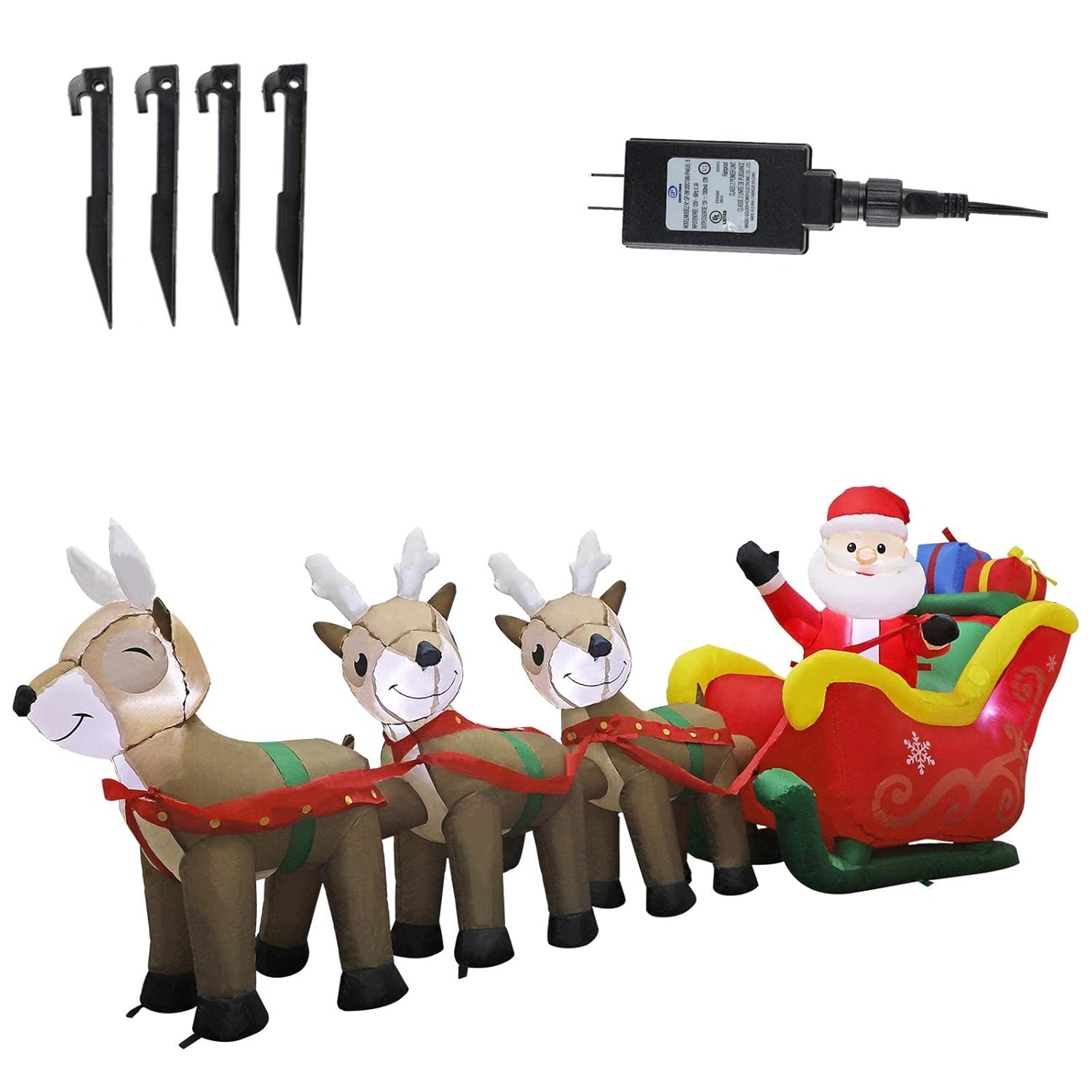 9.5 Ft Christmas Inflatable Santa Claus On Sleigh Pulled By Three Reindeers With Gift Boxes, Blow Up Lighted Yard Decor