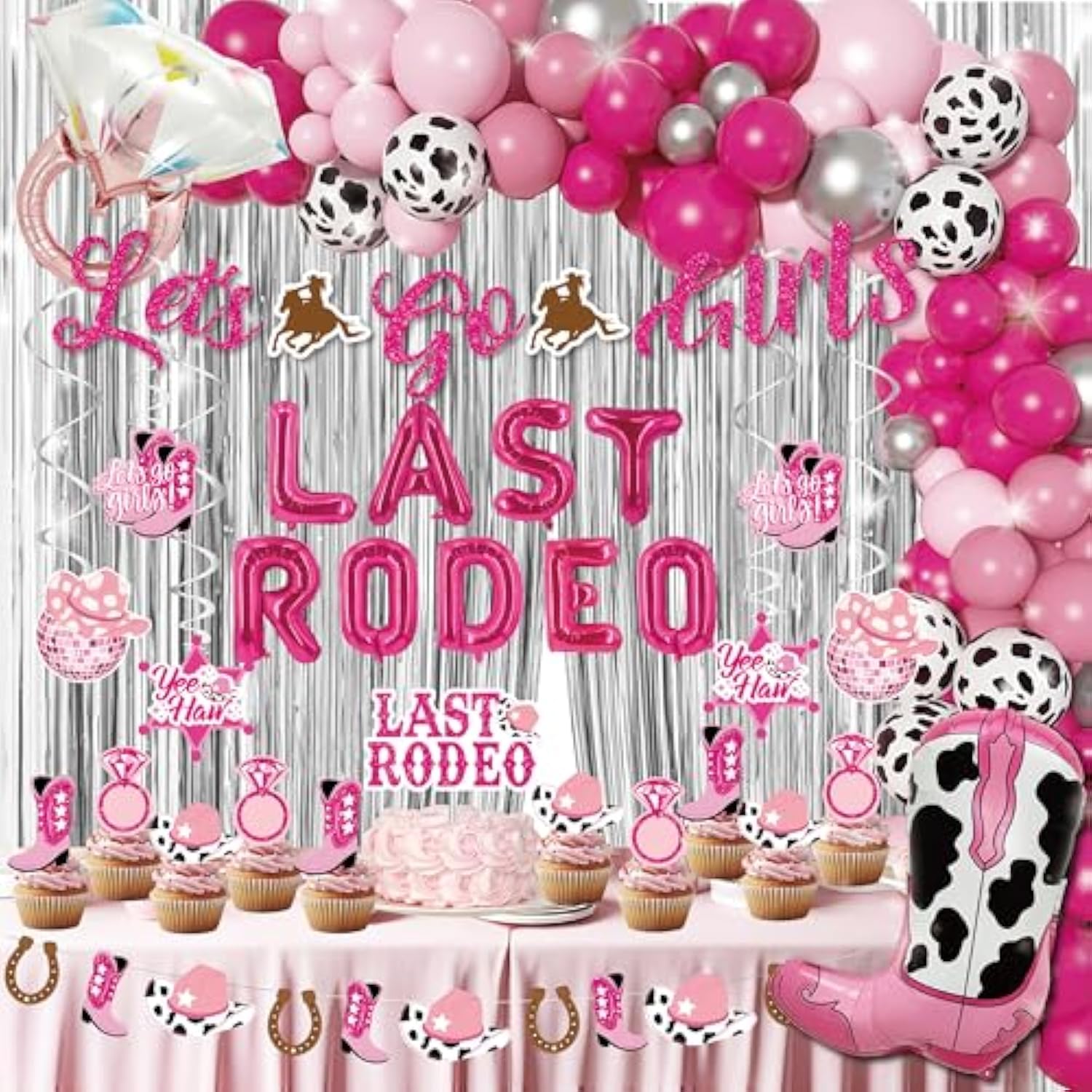 Last Rodeo Bachelorette Party Decorations, Cowgirl Western Bridal Shower Fringe Curtain Balloon Garland Glitter Banner, Last Rode Foil Balloons, Pink Silver Balloon Garland Arch Kit