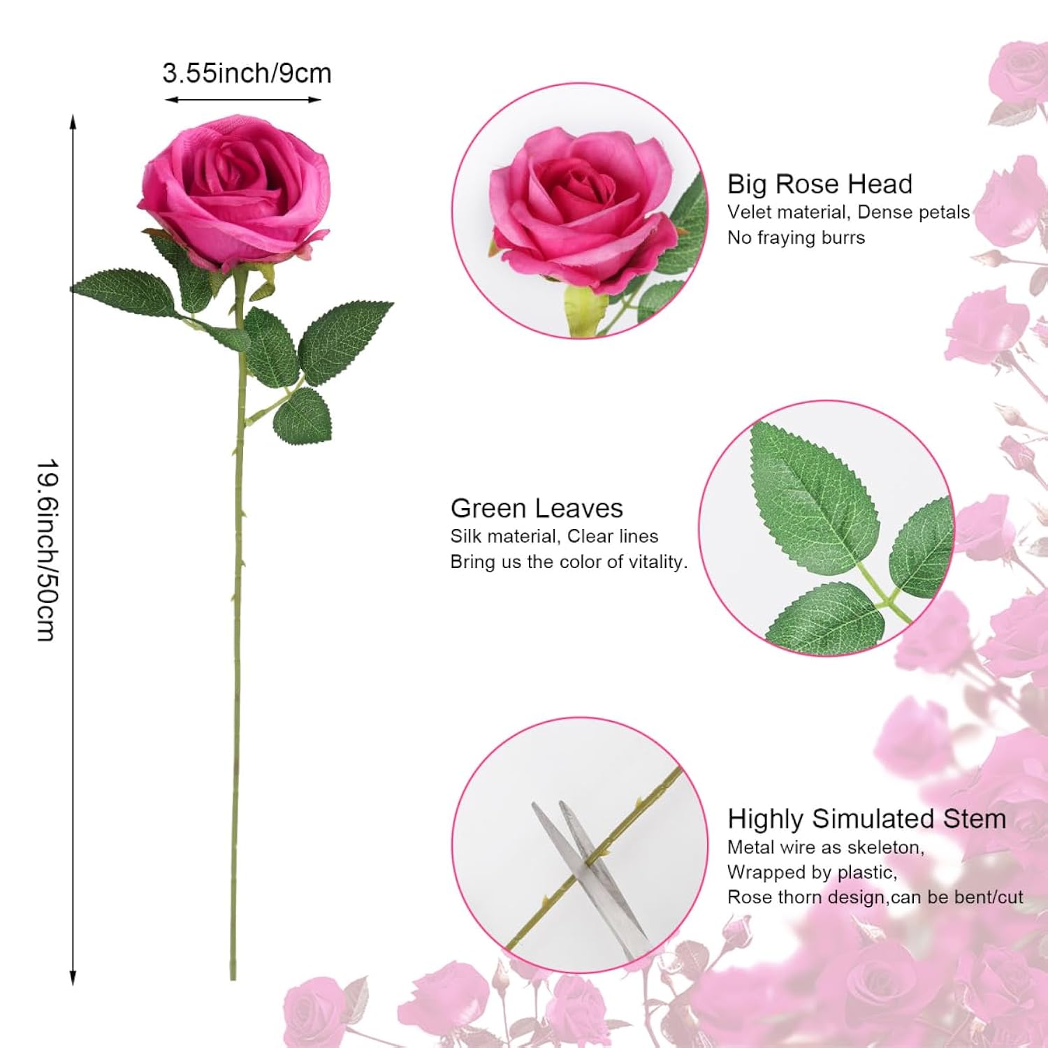 25Pcs Elegant Rayon Hot Pink Rose Bouquet - Long-Stemmed Roses For Weddings, Parties, Home Decoration, Photo Decoration, And High Vase Filling