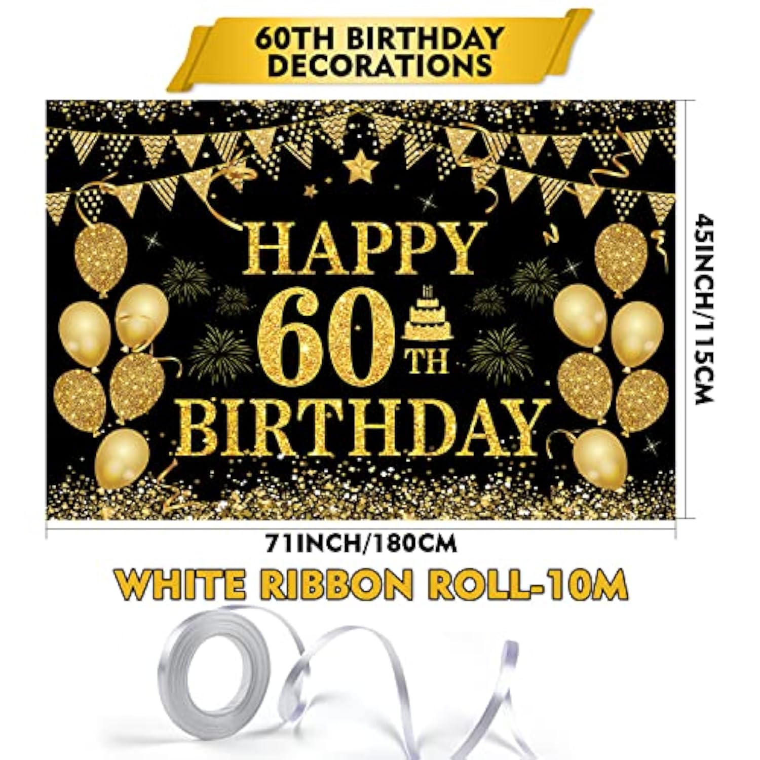 60Th Birthday Banner - Black & Gold - 71 X 45 Inch - Happy 60Th Birthday Decor