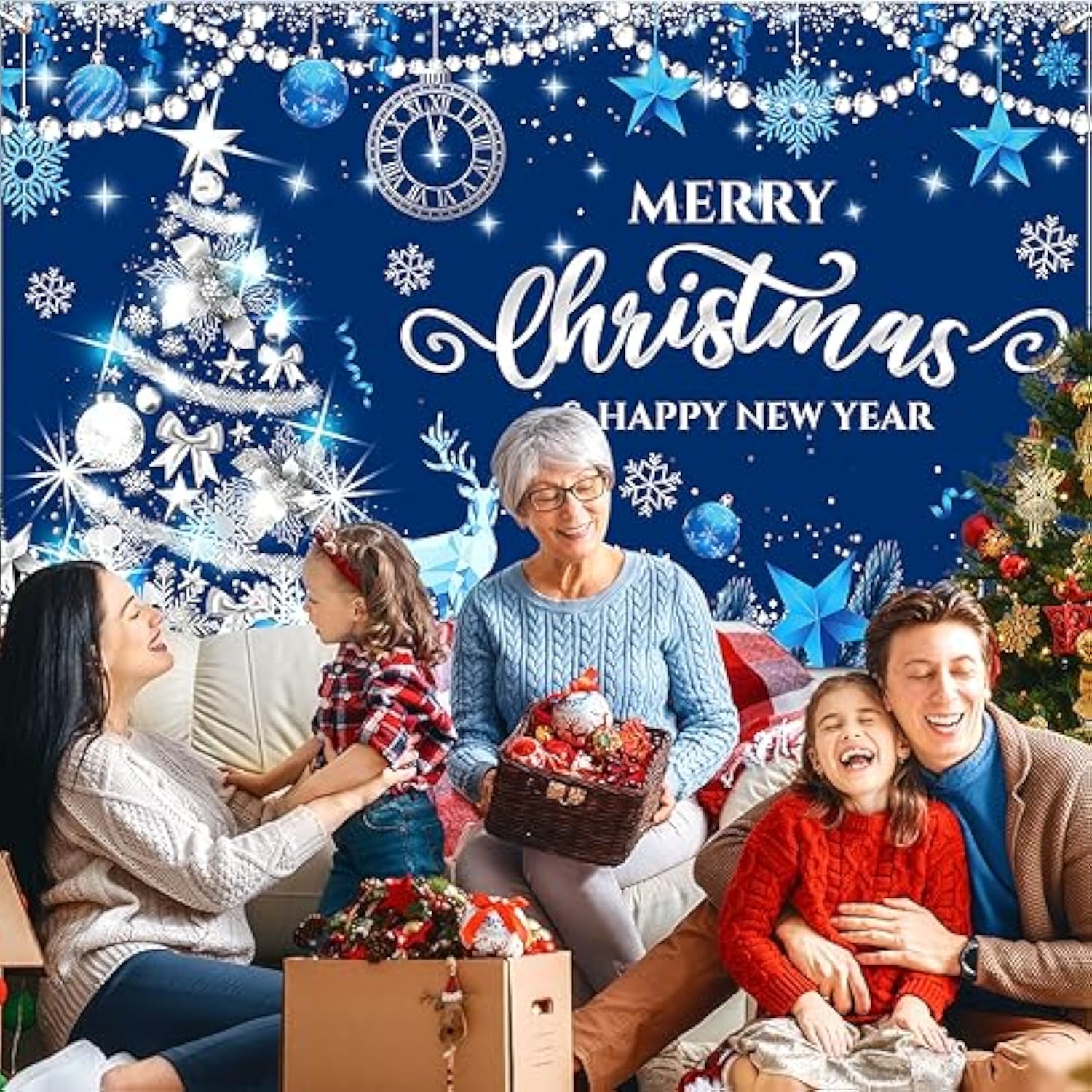 Blue Merry Christmas & New Year Decoration - Xmas Photo & Party Backdrop - Snowflake Banner - Tree & Holiday Party Supply