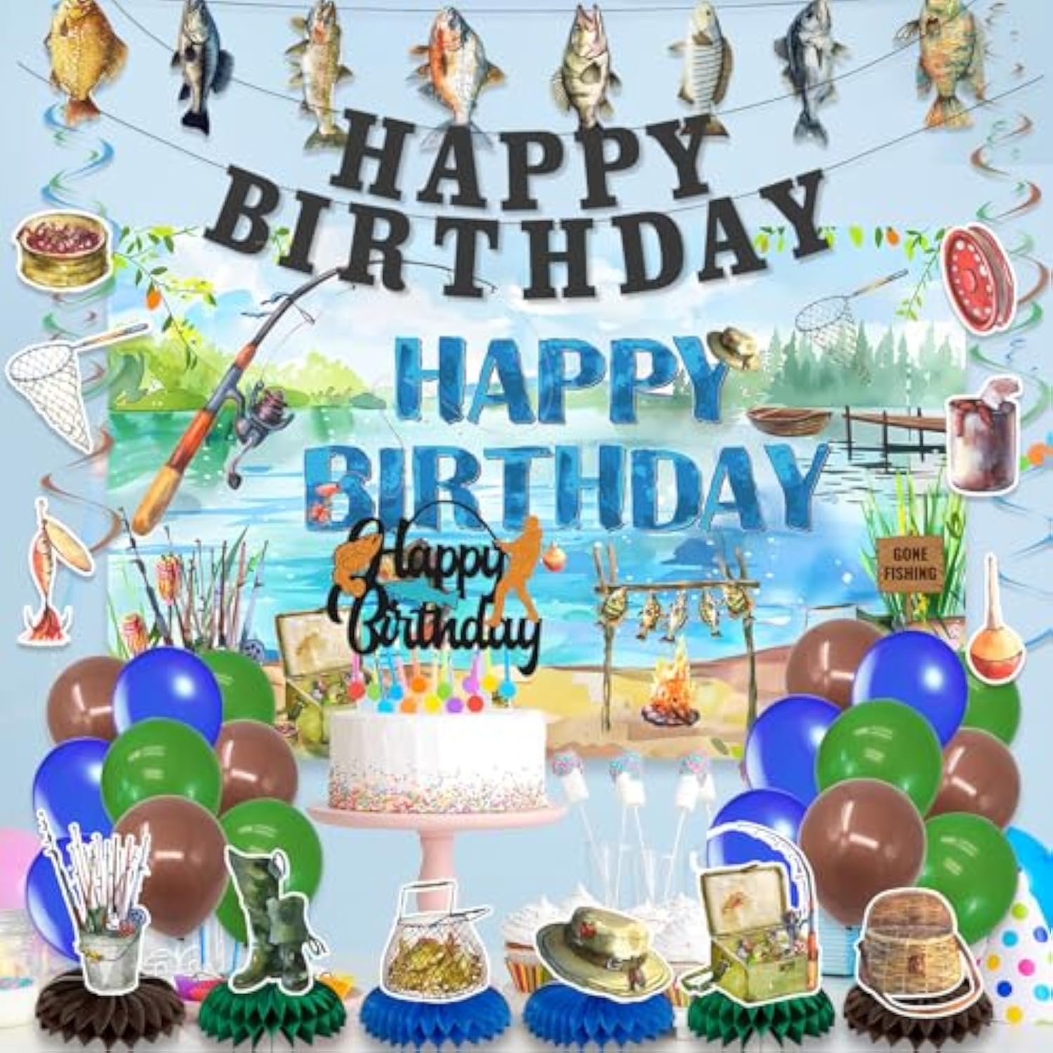 Fishing Birthday Decorations - 34Pcs Balloons, Banners, Centerpieces, Cake Topper Kit, Angler Party Decor
