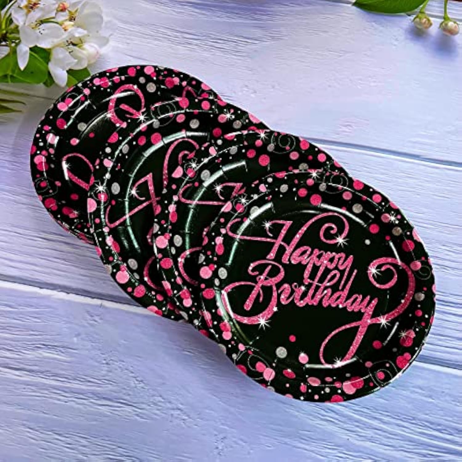 24pcs Pink & Black Birthday Plates – 7" Disposable Party Tableware for All Ages