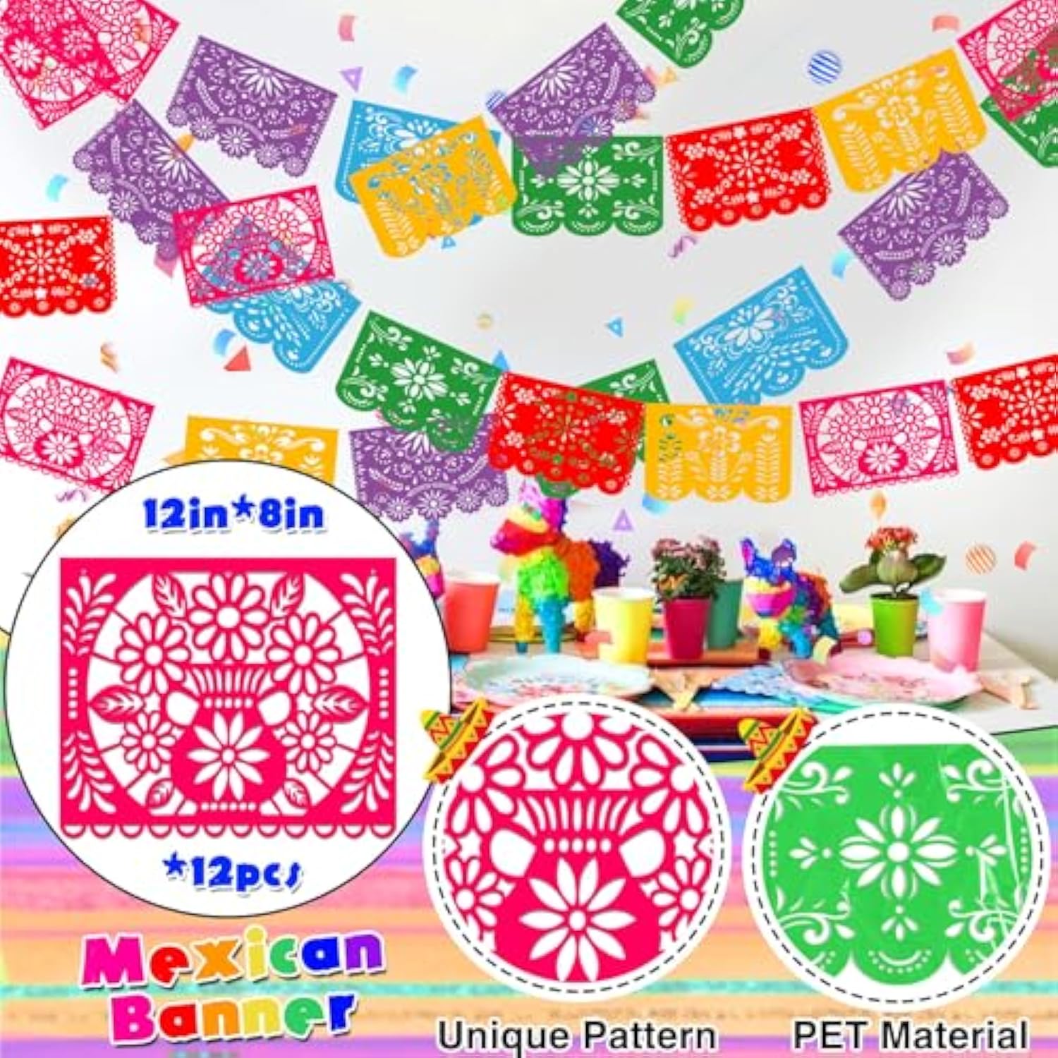 Fiesta Birthday Party Decorations, Mexican Birthday Party Decorations, Picado Banner, Banner, Taco Llama Cactus Balloons Garland, Paper Streamers For Mexican Carnival Bday Decor