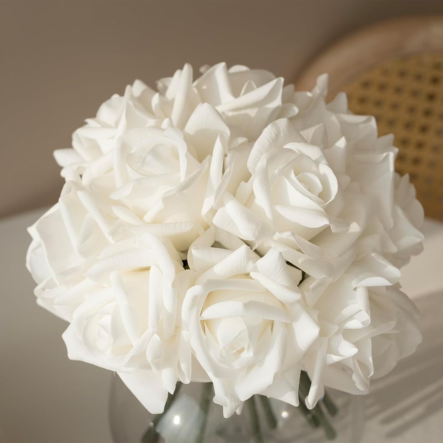 Artificial Roses Single Stem 10Pcs Fake Silk Flower Arrangement Bouquet Real Touch For Home Party Wedding Decoration(White)
