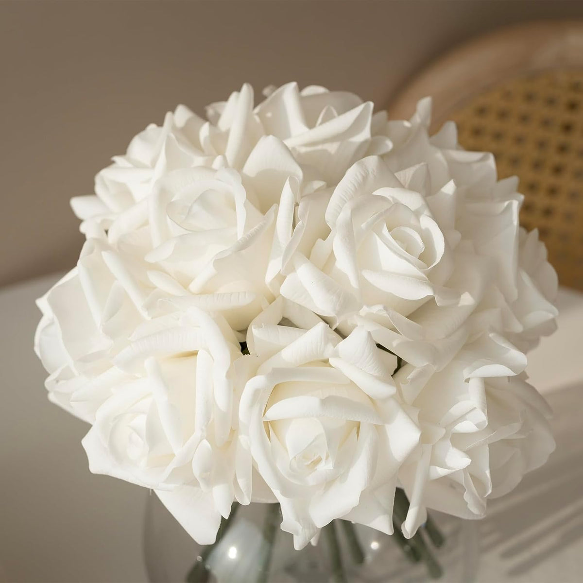 Artificial Roses Single Stem 10Pcs Fake Silk Flower Arrangement Bouquet Real Touch For Home Party Wedding Decoration(White)