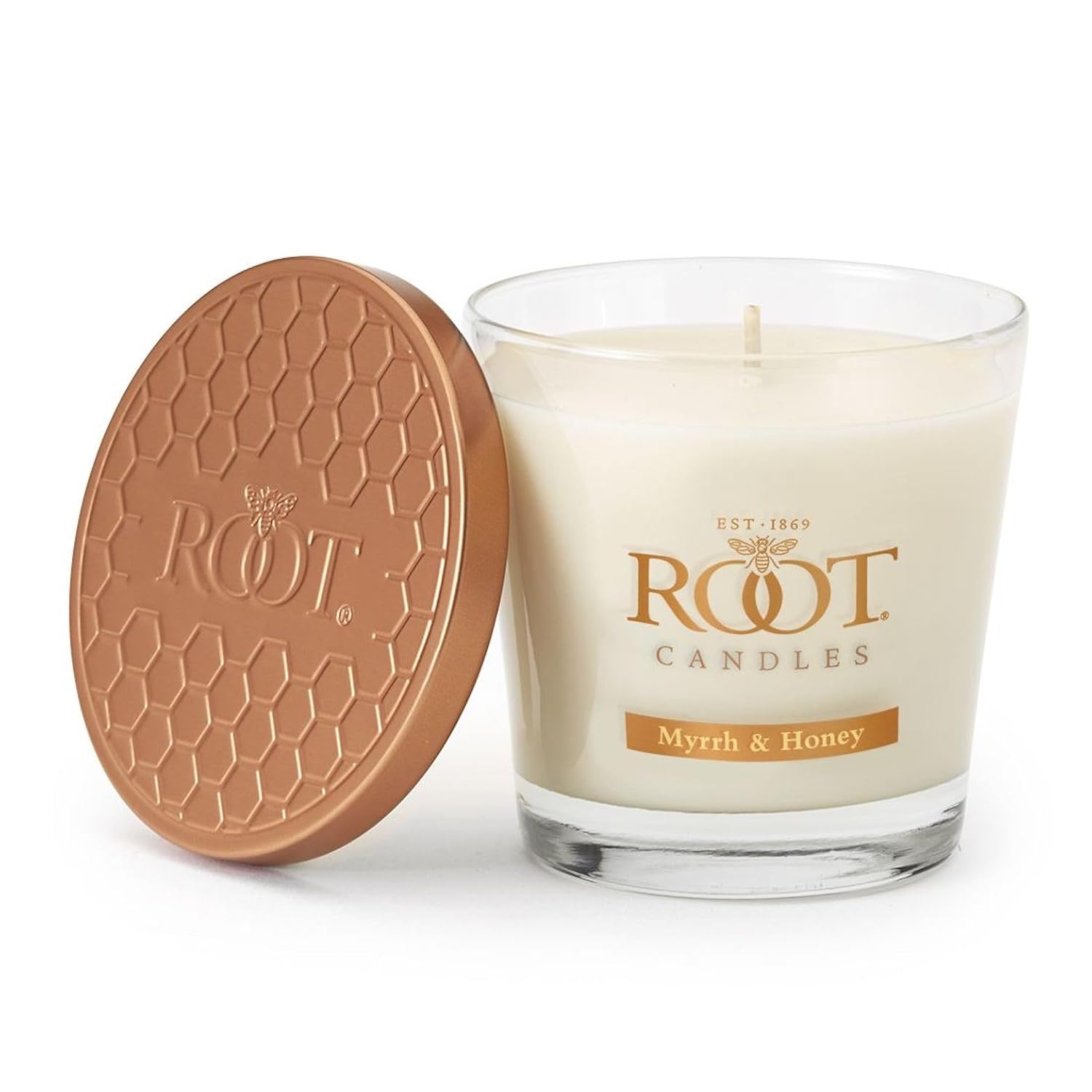 Root Candles Scented Candles Honeycomb Beeswax Blend Premium Handcrafted Candle, Small Veriglass, Myrrh & Honey