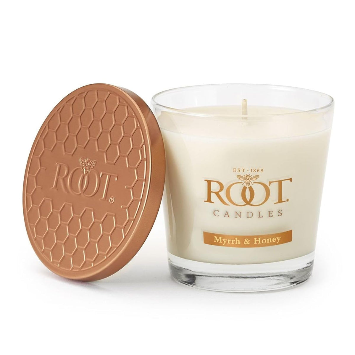 Root Candles Scented Candles Honeycomb Beeswax Blend Premium Handcrafted Candle, Small Veriglass, Myrrh & Honey