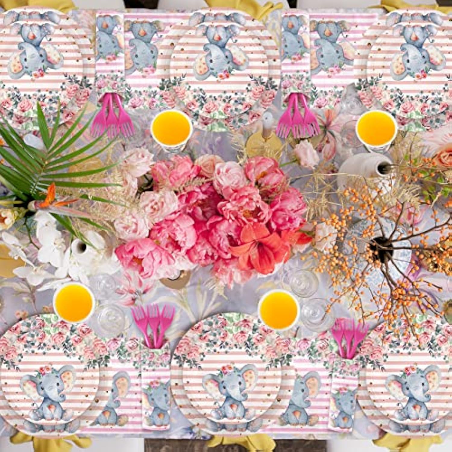 Elephant Baby Shower Decorations For Girl, Elephant Theme Tablecloths, Balloons, Backdrop, Banner, Plates, Napkins, Paper Cups, Forks For Birthday Party Decorations| Pink Grey White