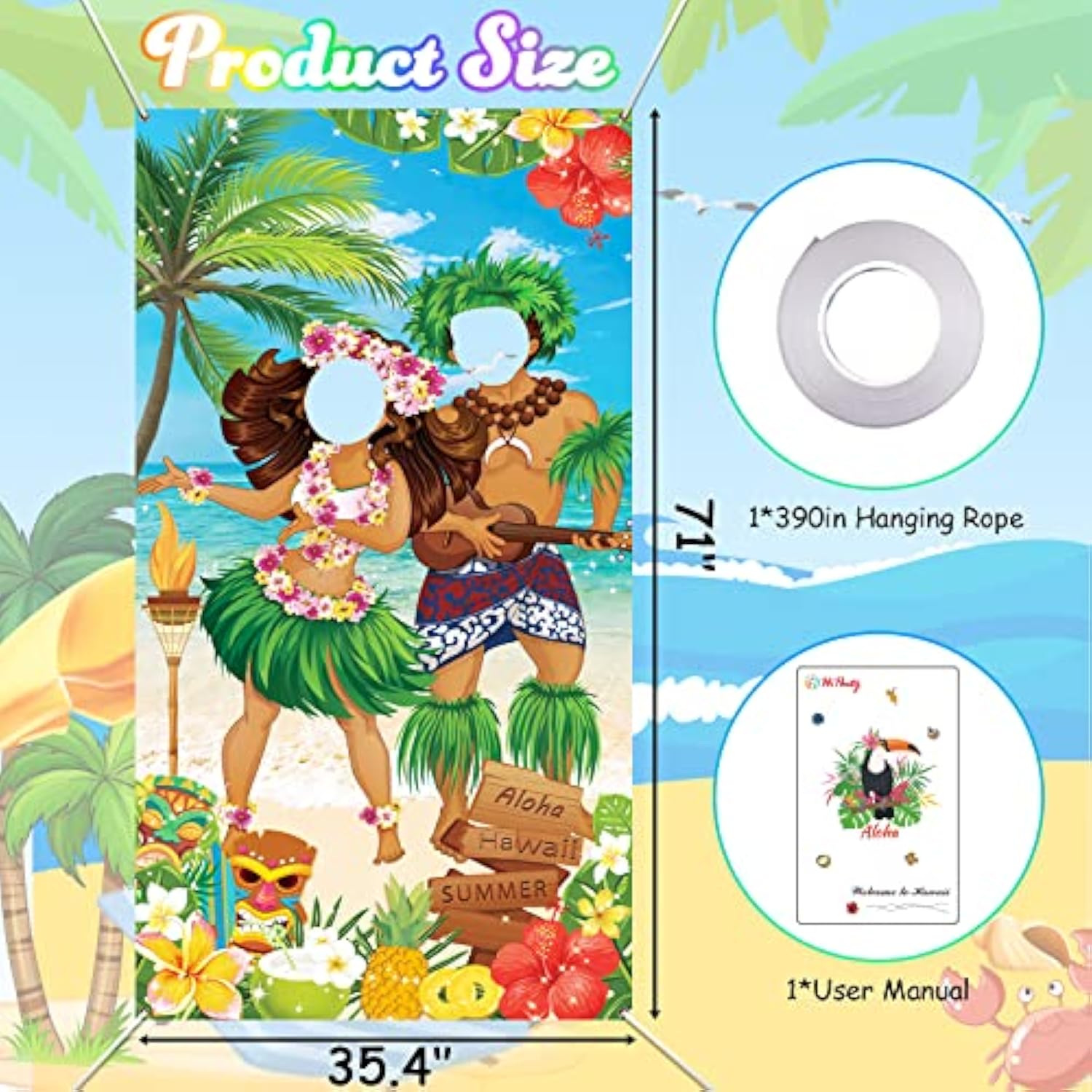 Hawaiian Luau Party Decorations, Luau Couple Photo Door Banner, Tiki Luau Photo Props For Beach Party Tiki Banner Background Photography For Tropical Themed Decoration
