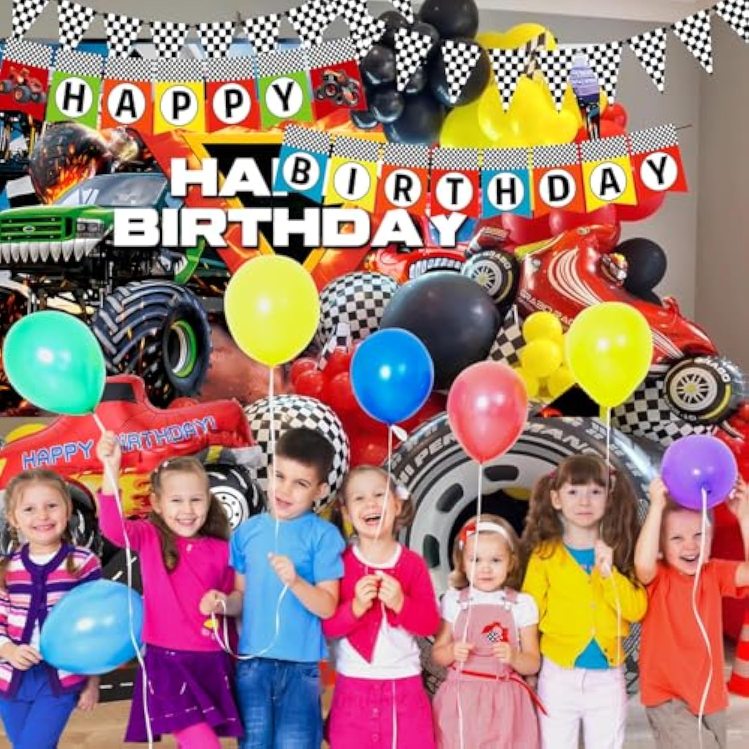 Monster Big Truck Machine Jame Birthday Decorations Set Including Backdrop, Balloon Garland, Banner, Tablecloth, Cake Topper