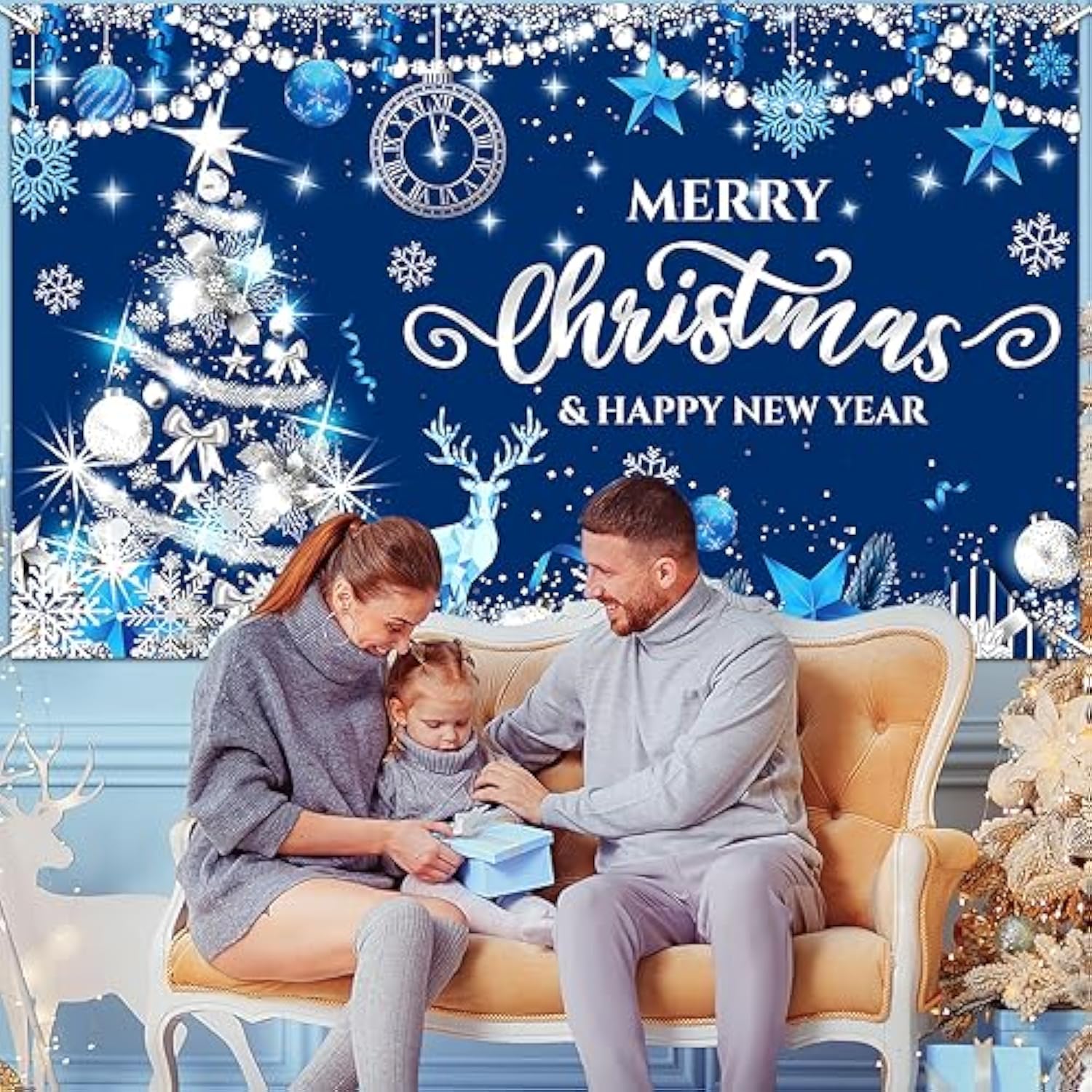 Blue Merry Christmas & New Year Decoration - Xmas Photo & Party Backdrop - Snowflake Banner - Tree & Holiday Party Supply