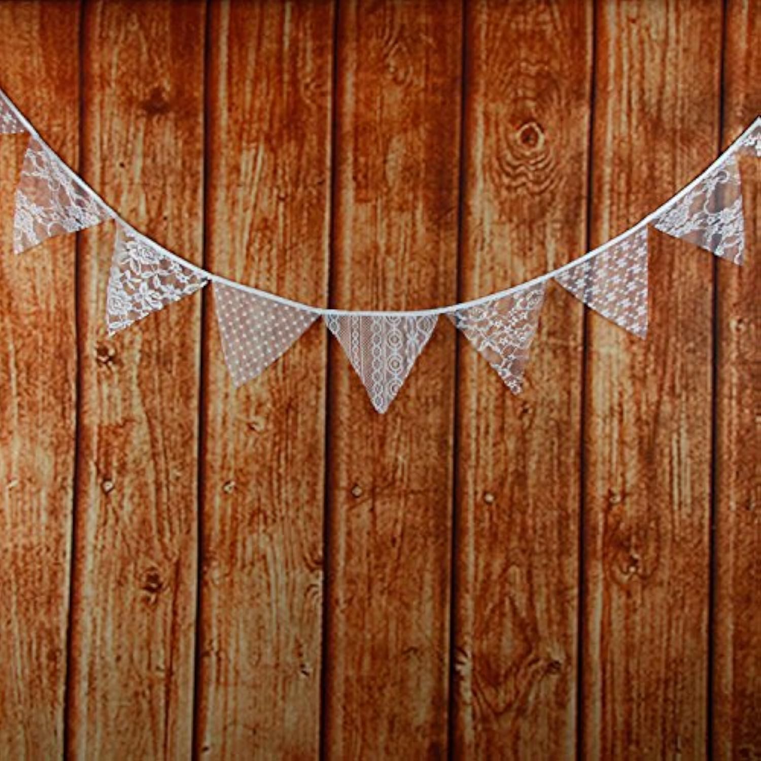 White Floral Lace Pennant Banner, Fabric Triangle Lace Bunting Flag Garland - 10.8 Feet