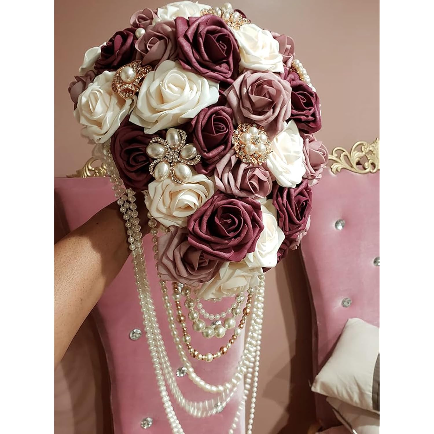 25Pcs Artificial Flower Cream & Dusty Rose & Burgundy Rose With Stem For Diy Wedding Bouquets Arch Floral Arrangements Wedding Flower Backdrop Bridal Shower Baby Shower Party Home Decor