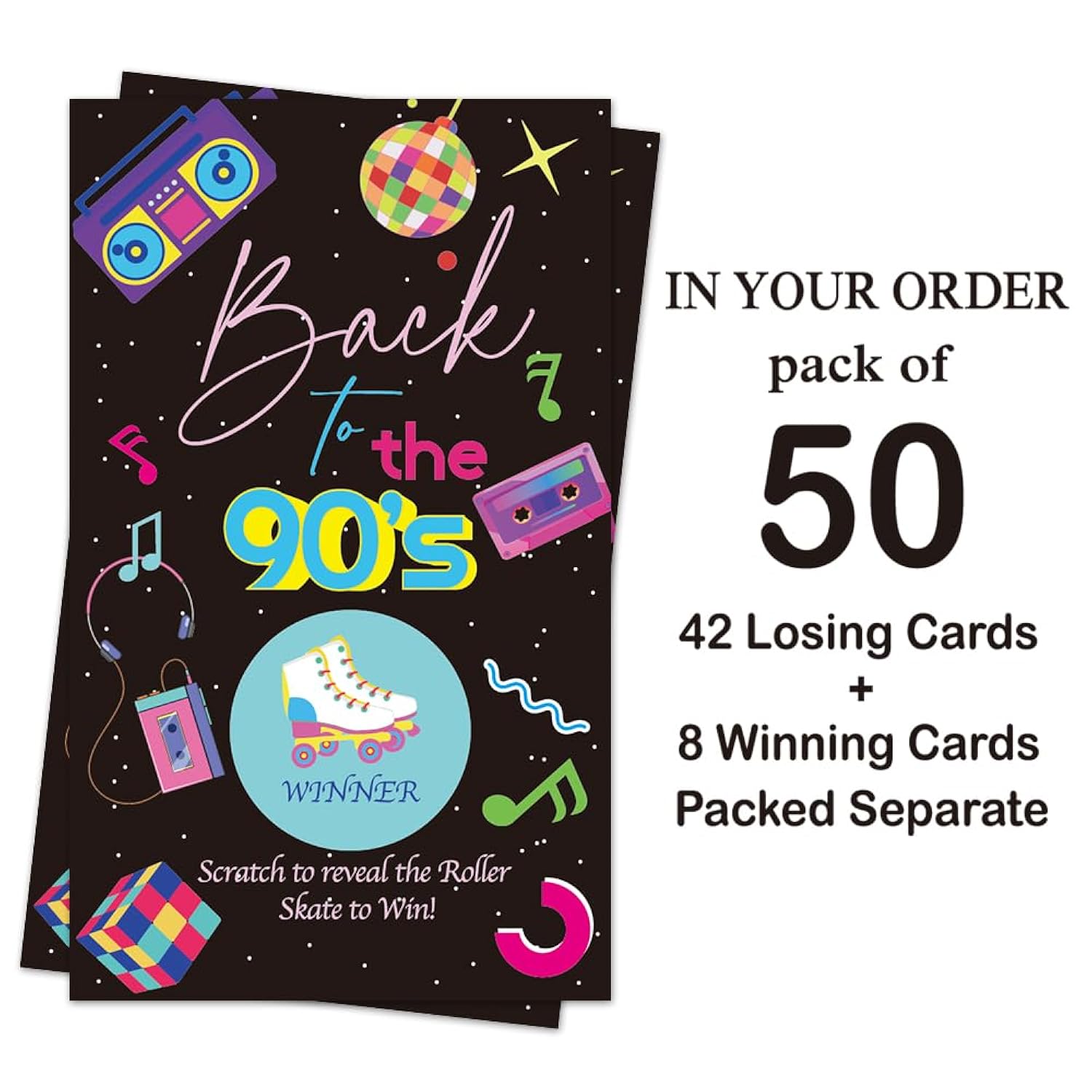 50 Pack Back To The 90S Theme Scratch Off Game, Retro Earphone Roller Skate Scratch Card For Baby Shower Birthday Party Lottery Group Games Enterprises Activity, Baby Shower Activity And Idea