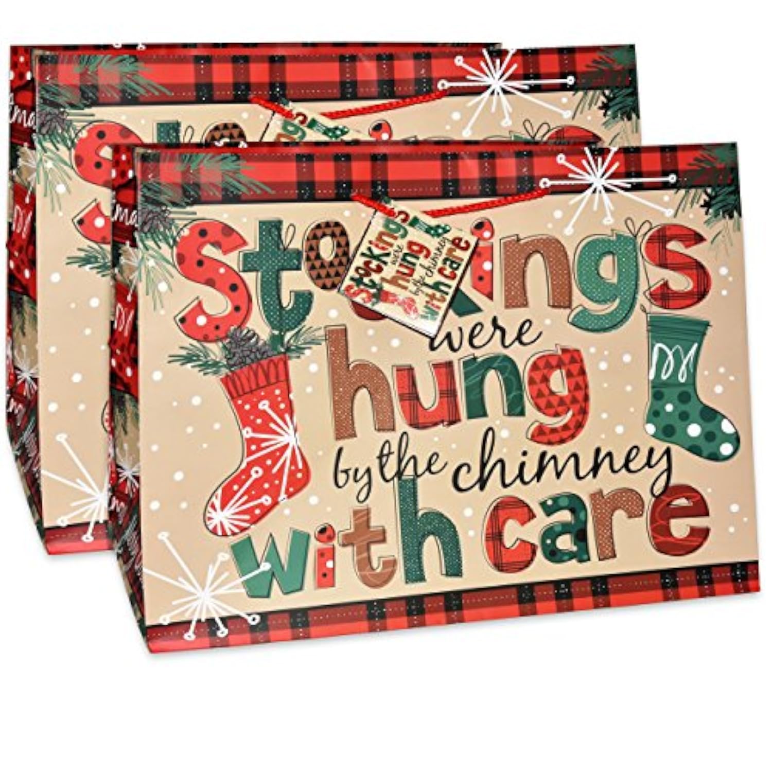 12 Jumbo Christmas Tote Bags With Handles 15" Wide X 11" High X 11" Deep Extra Wide Large Giant Reusable Grocery Shopping Paper Bags Big Gusset For Food Cookie Container & Foil Tin Pan