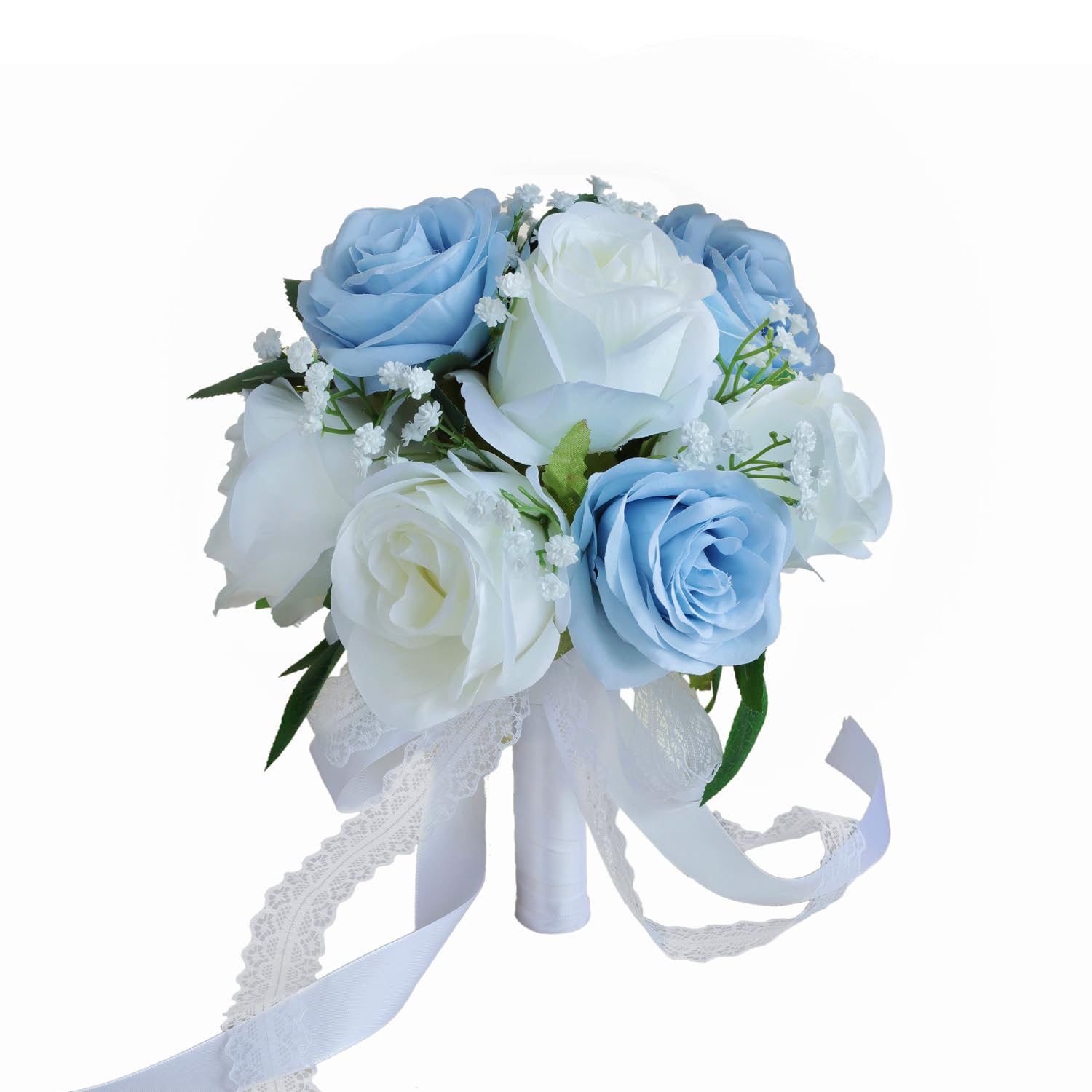 Dusty Blue Wedding Bouquets For Bride Bridesmaid, 7 Inch Baby'S Breath Ivory Artificial Roses Flowers Bridal Bouquets For Wedding Decor, Ceremony, Anniversary, Homecoming, Etc.