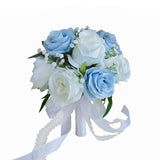 Dusty Blue Wedding Bouquets For Bride Bridesmaid, 7 Inch Baby'S Breath Ivory Artificial Roses Flowers Bridal Bouquets For Wedding Decor, Ceremony, Anniversary, Homecoming, Etc.