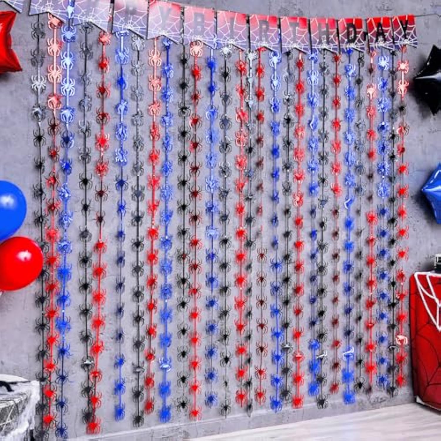 Spider Web Birthday Decorations,2 Pack Red Black And Blue Spider Birthday Party Supplies 3.3 X 6.6Ft Tinsel Foil Fringe Curtains Photo Booth Props Backdrop Streamers, House Room Decor For Boys