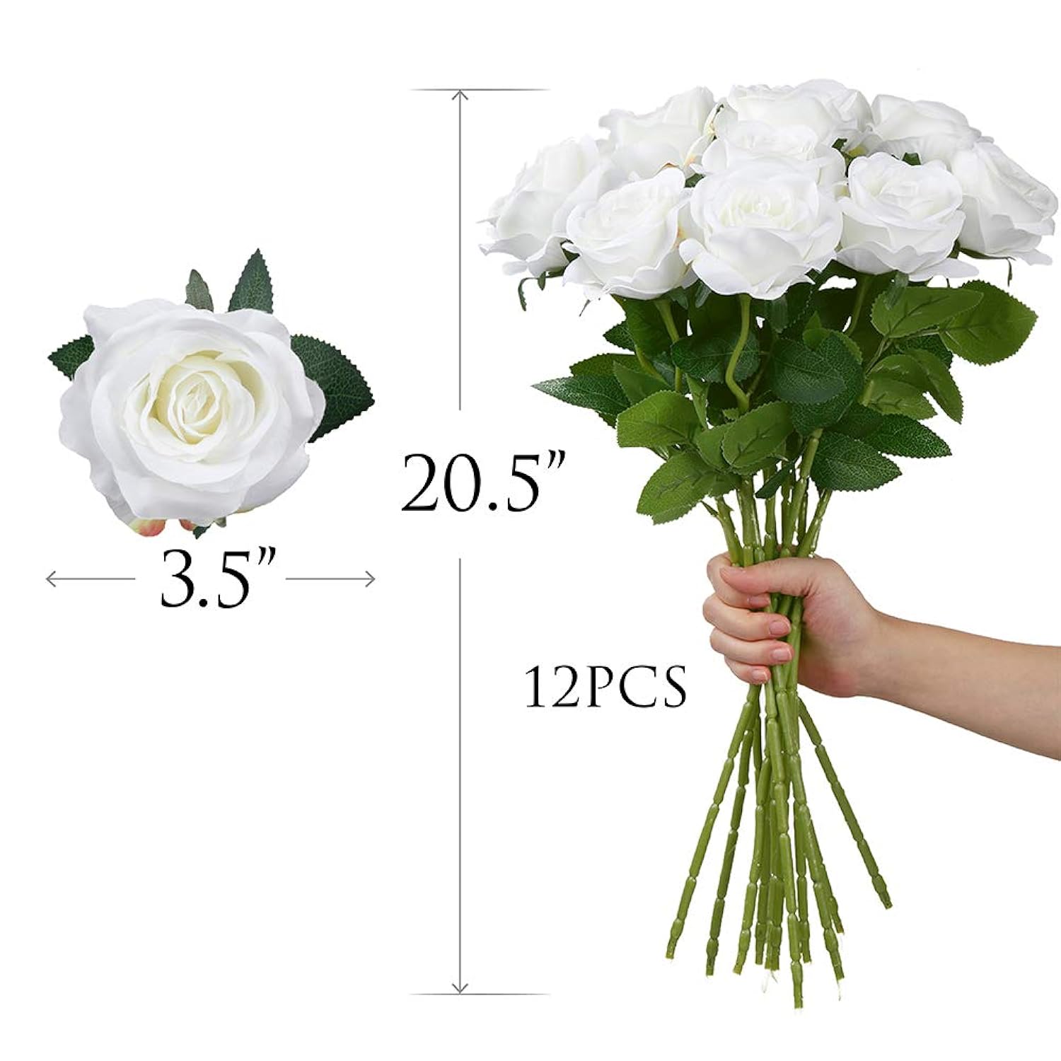 12 Pcs White Rose Artificial Flowers, Fake Roses With Long Stem Realistic Silk Rose Bouquets Wedding Valentines Day Decorations Faux Floral Arrangement Bridal Shower Party Home Table Decor