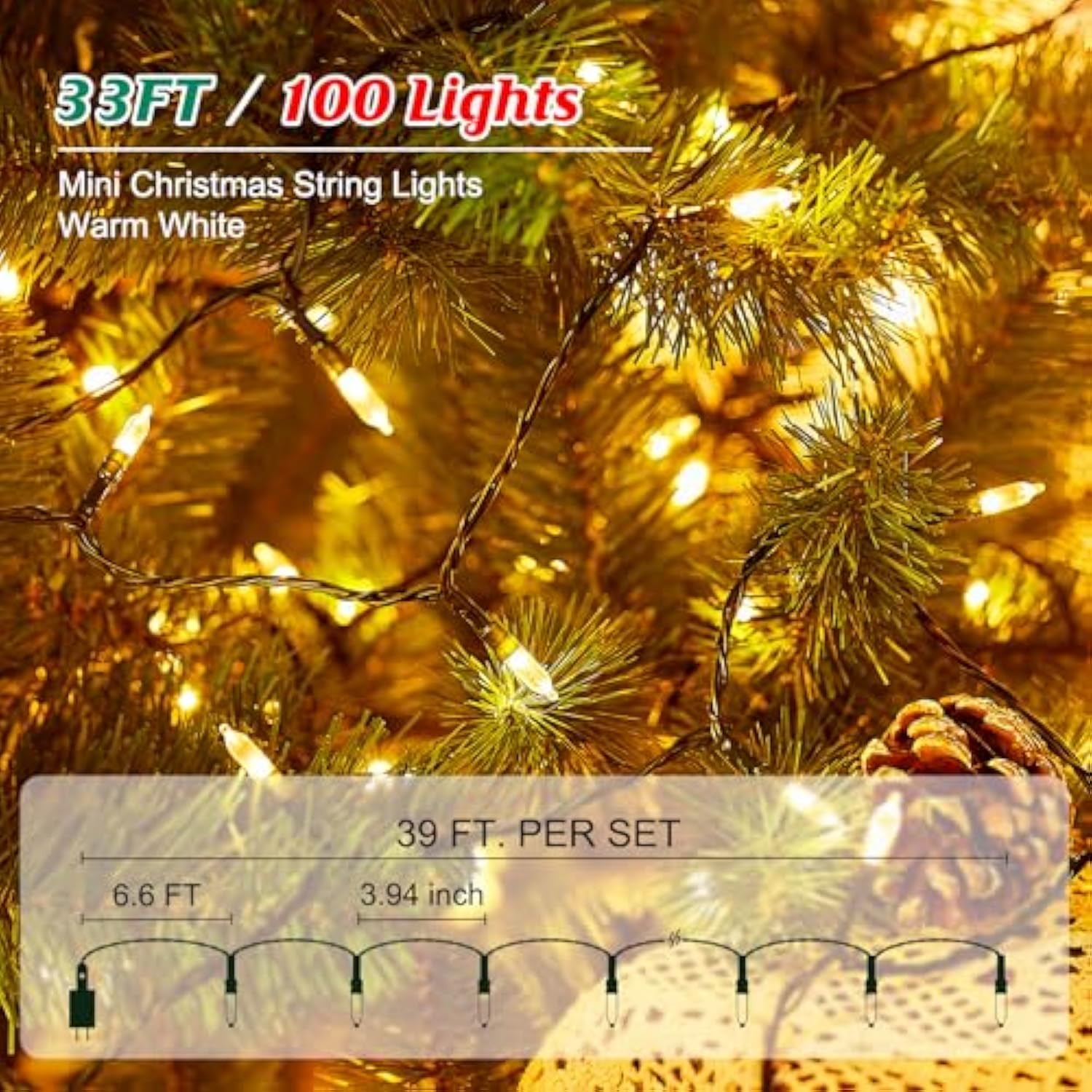 Led Christmas Lights For Indoor,39 Ft 100 Led Christmas Tree Lights With Remote, Usb Plug, Adapter, Warm White Mini Stri