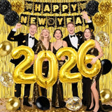 2026 New Year Black and Gold Party Kit with Banner, Props, Curtains, and Balloons