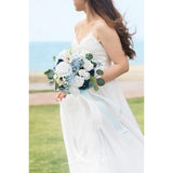 Dusty Blue Bridal Bouquet For Bride, Blue Wedding Bouquets For Bride, 13 Inch Silk Round Artificial Wedding Flowers Bouquets