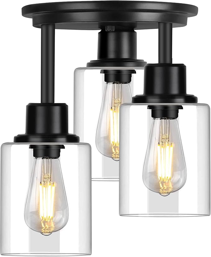 3 Light Black Semi Flush Mount Ceiling Light with Clear Glass Shades Modern Fixture
