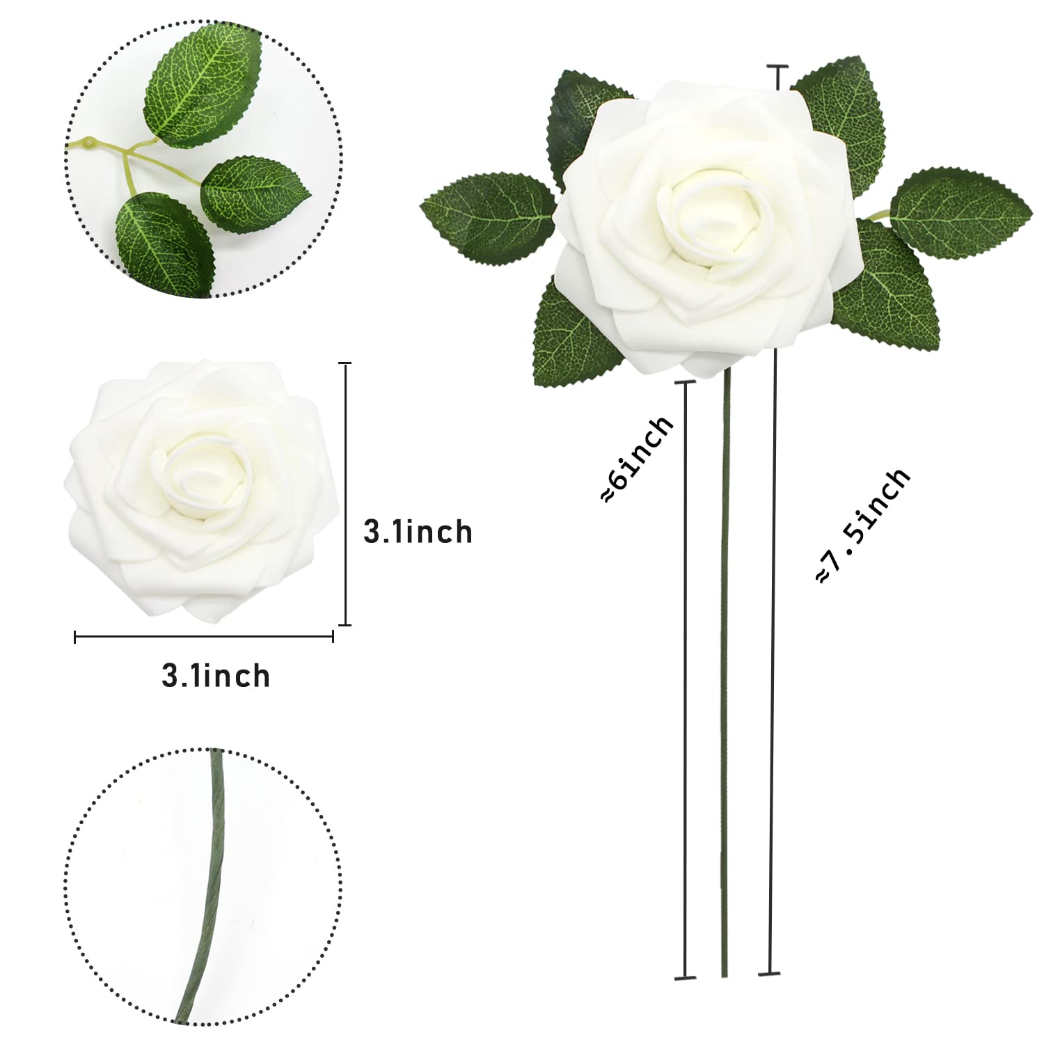 Artificial Roses Flowers 50Pcs Real Looking Foam Fake Roses With Stems For Diy Wedding Bouquets Bridal Shower Centerpieces Party Decorations (50, White)