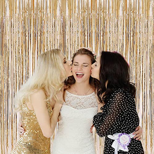 2 Pcs 3.2ft x 8.2ft Champagne Gold Metallic Tinsel Foil Fringe Curtains Photo Booth Backdrop for Baby Shower Birthday Wedding Holiday Celebration Bachelorette Party Decorations