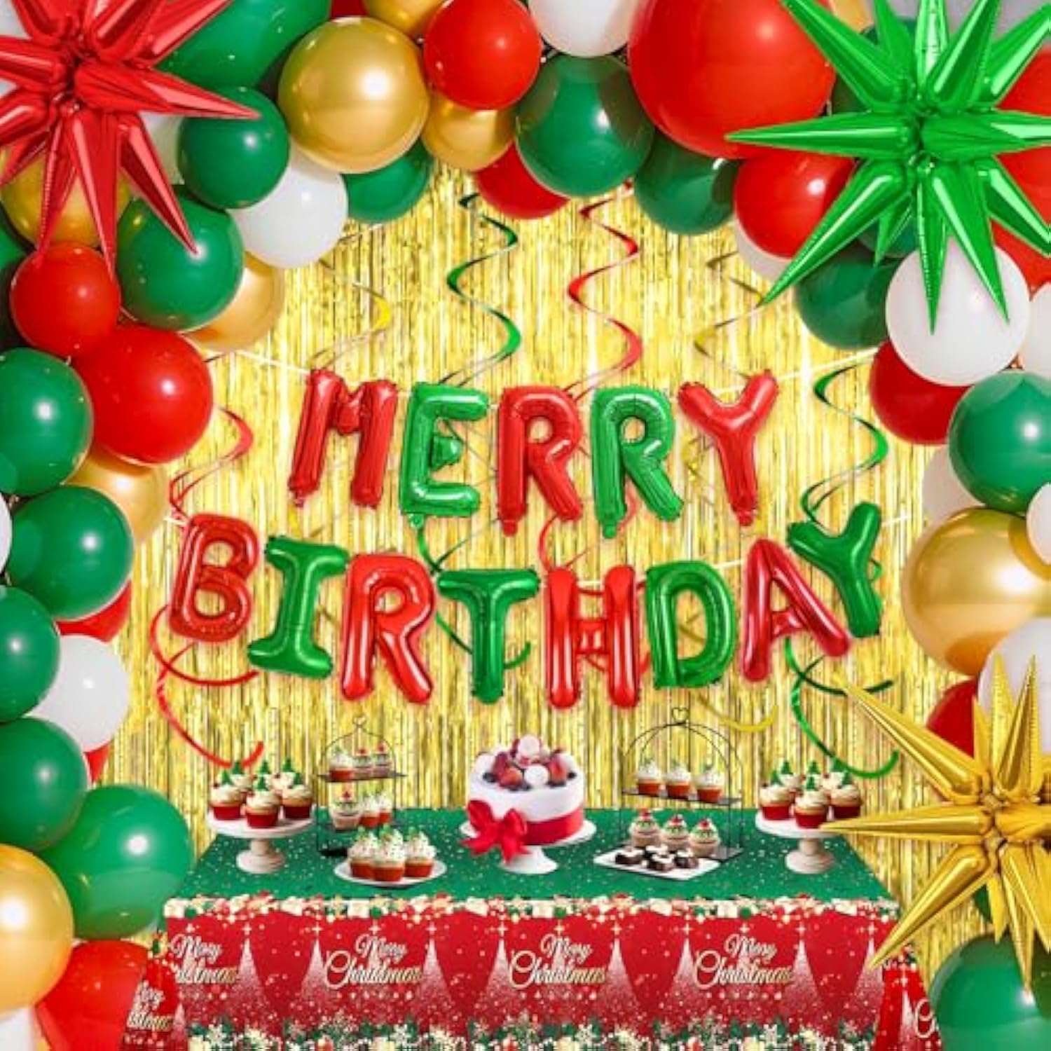 Merry Birthday Christmas Balloon Garland Red Green Gold Party Decor