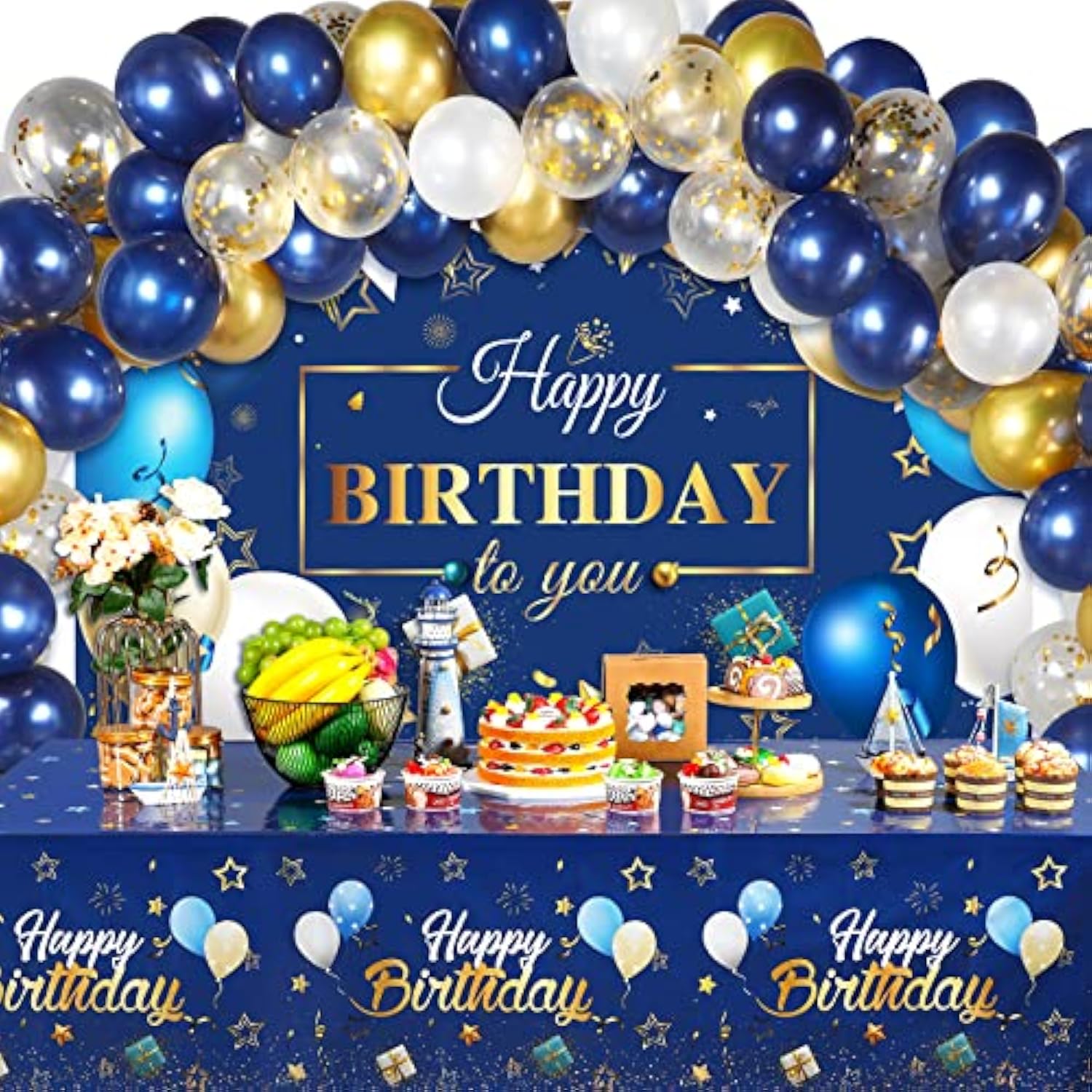 56PCS Navy Blue & Gold Birthday Decor Kit – Banner, Balloons, Tablecloth and Confetti for Party