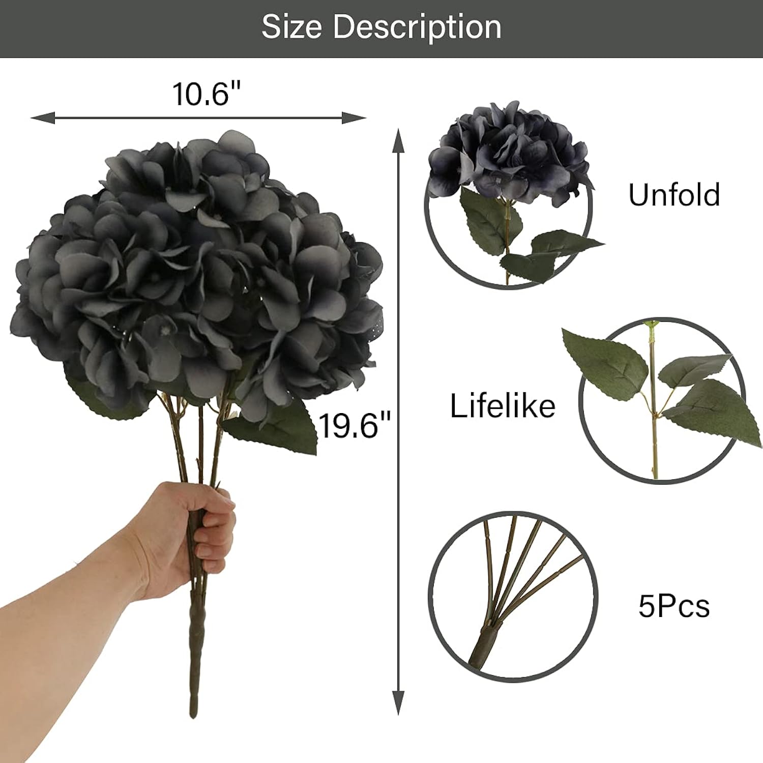 Artificial Flowers Silk Hydrangea Flowers With 5 Big Heads Fake Flower Bunch Bouquet For Home Wedding Party Decor Diy (Grey)