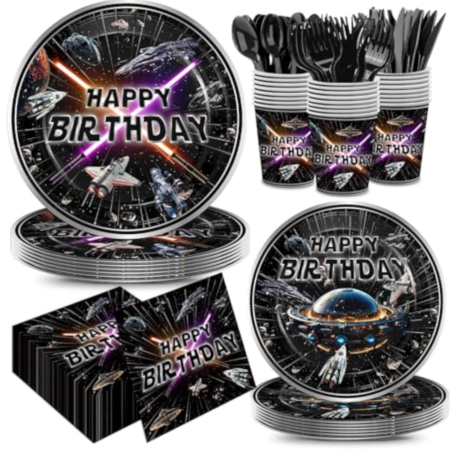 168Pcs Star Plates Napkins Birthday Party Supplies Disposable Paper Cups Black Forks Galaxy Movie Star Party Decorations Tableware Set For Kids Boys Birthday Decor Serves 24 Guests