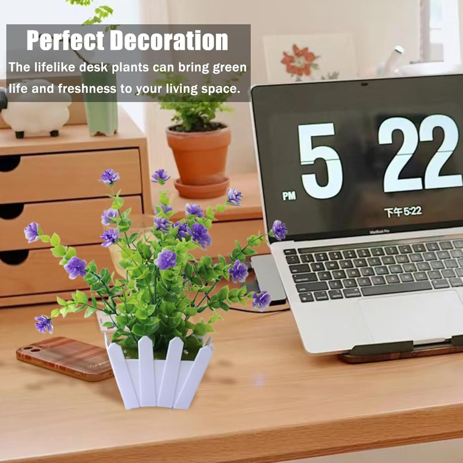 Artificial Faux Plants Flowers,Mini Plastic Potted Fake Flowers Plants,Fence Pot For Outside Home Planter Porch Patio Yard Office Desk Decor