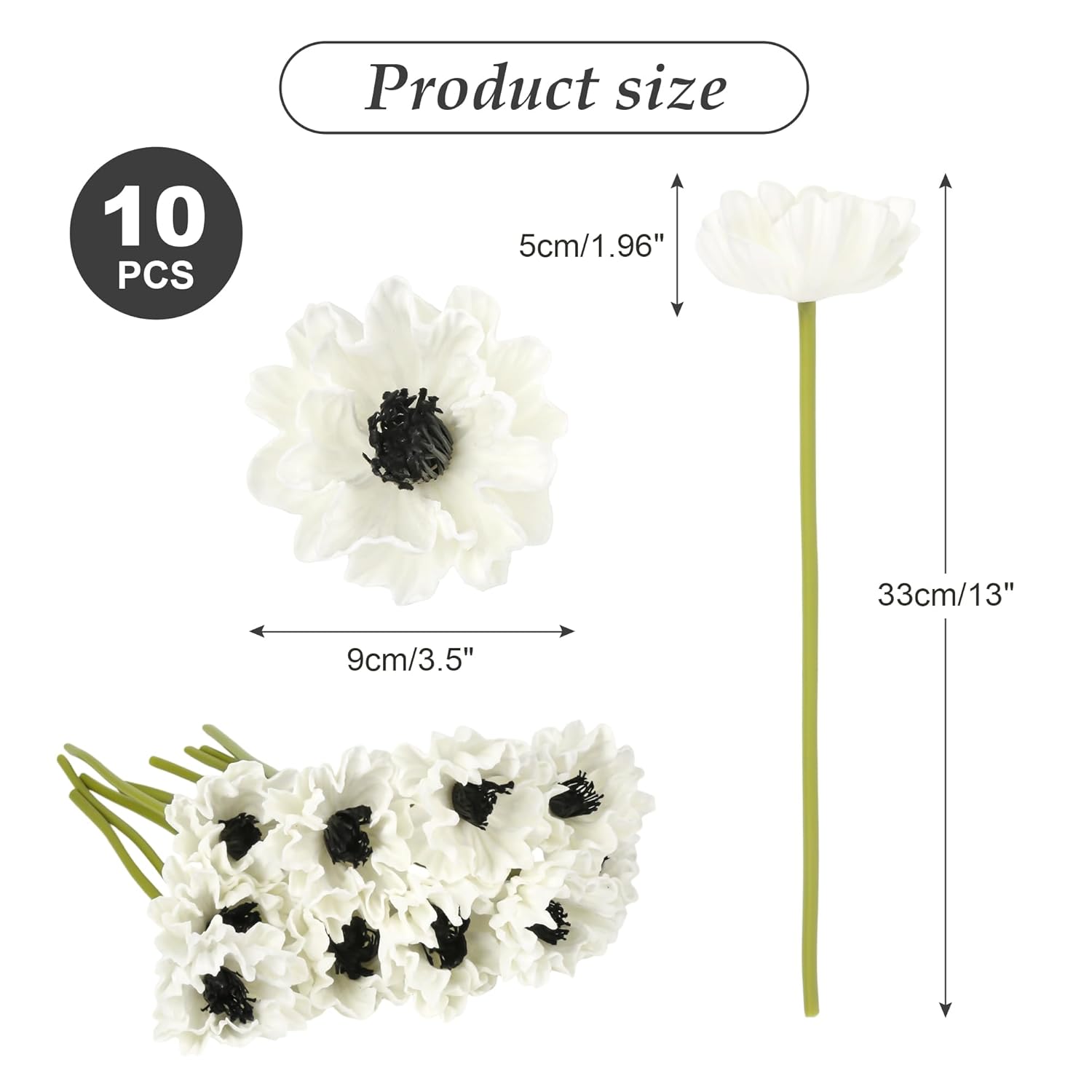 10Pcs White Poppies Flowers Artificial 12.9In Fake Poppies Anemone Pu Flower Stem For Wedding Floral Arrangement Home Table Vase Decoration