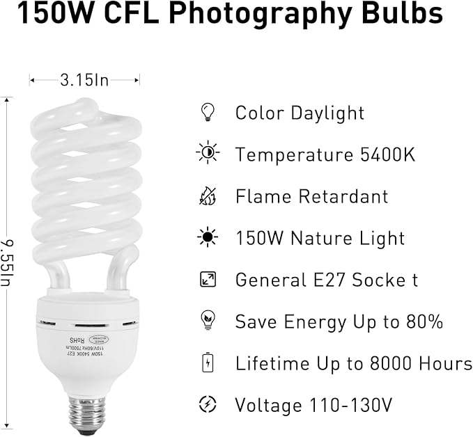 150W CFL Photography Light Bulb 5400K Daylight Spiral E26 E27 Softbox Studio Camera Lighting