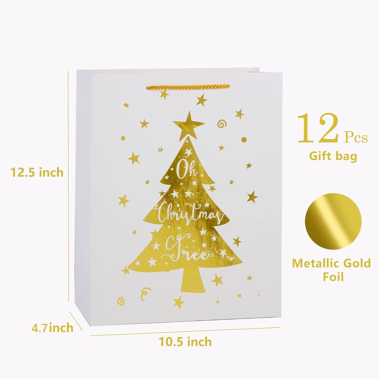 12Pcs Large White & Metallic Gold Foil Gift Bags, 4 Assorted Xmas Tree Snowflake Designs, Perfect For Christmas Thanksgiving New Year Party Favor