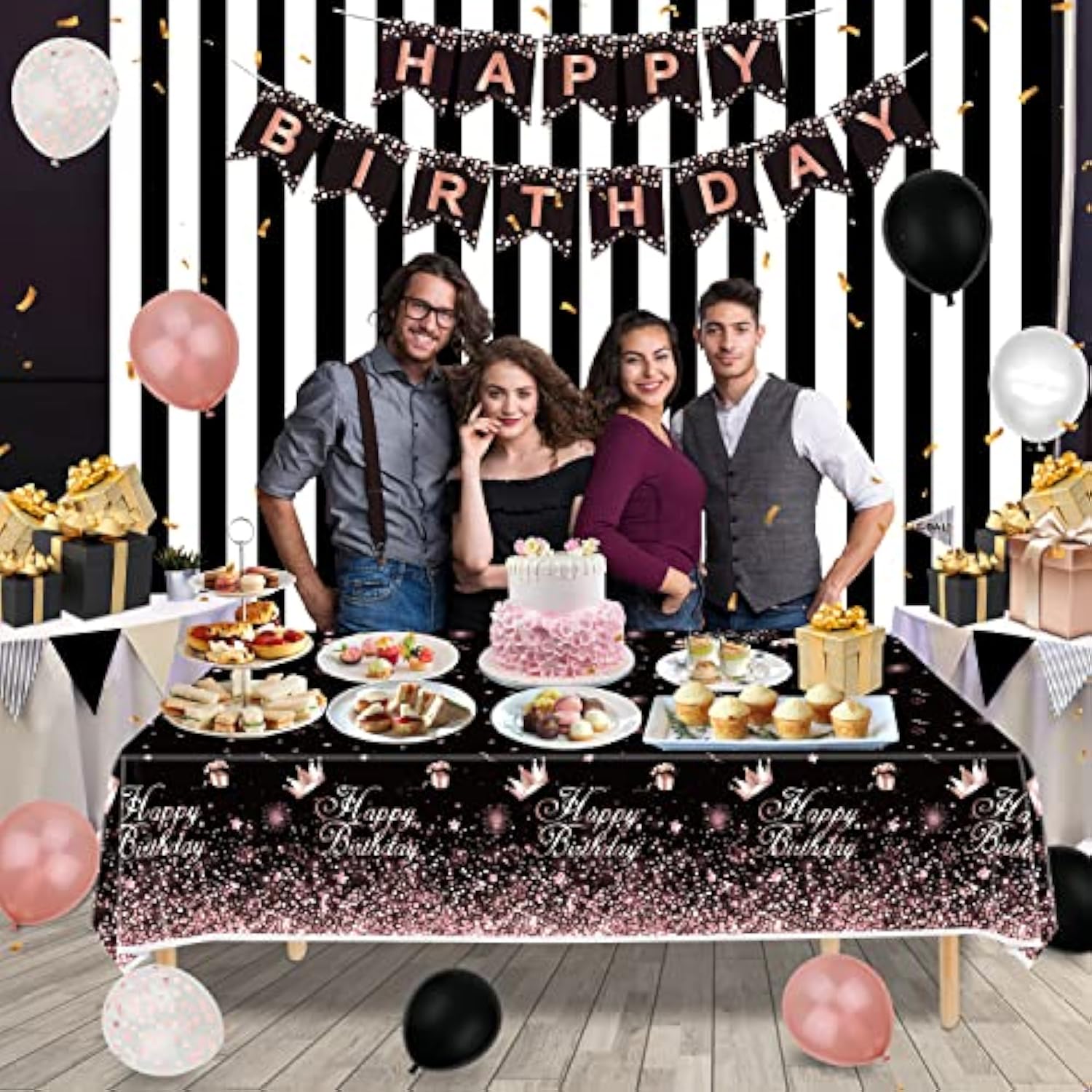 Black Rose Gold Plastic Tablecloth (Pack Of 4), 86 X 51 Inches Party Tablecovers For Black Rose Gold Theme Birthday Party Supplies
