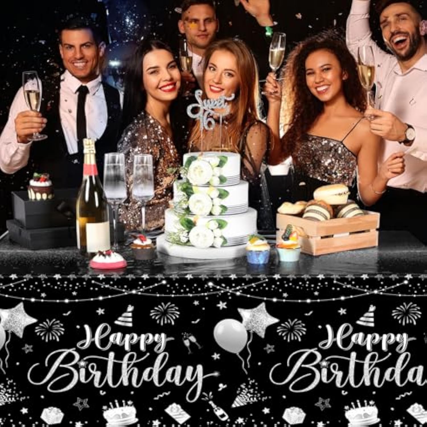 3 Pcs Black Silver Happy Birthday Tablecloths, 108x54" Party Decorations