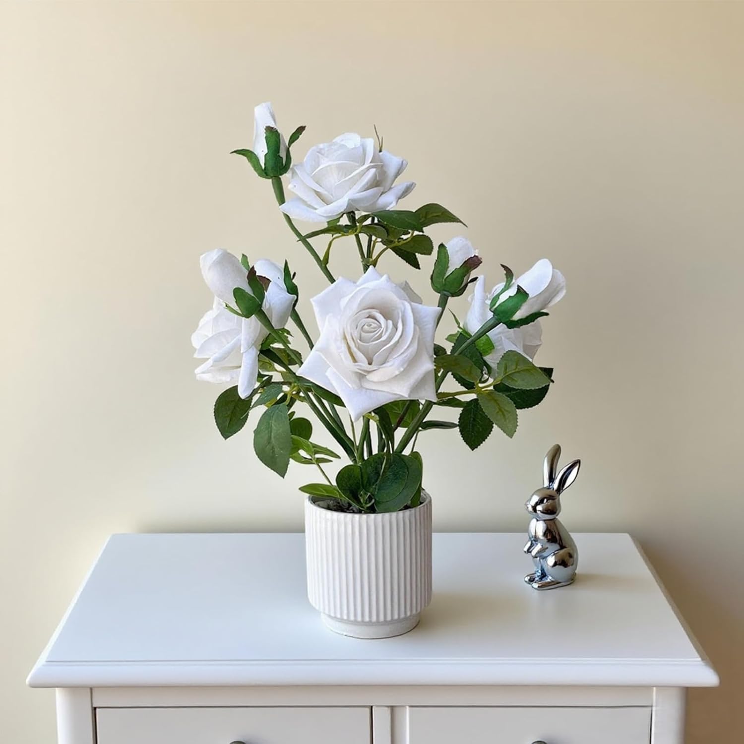 Artificial Rose Plant With Ceramic Vase,Home Decor Potted Floral Arrangement,Silk Roses Artificial Flowers (White)