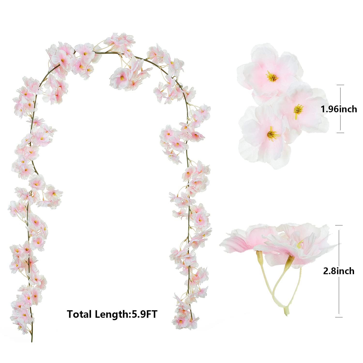 8Pcs 47.2Ft Artificial Cherry Blossom Flower Garland Hanging Vines For Spring Home Room Wedding Party Kawaii Decor (Pink-8Pcs)