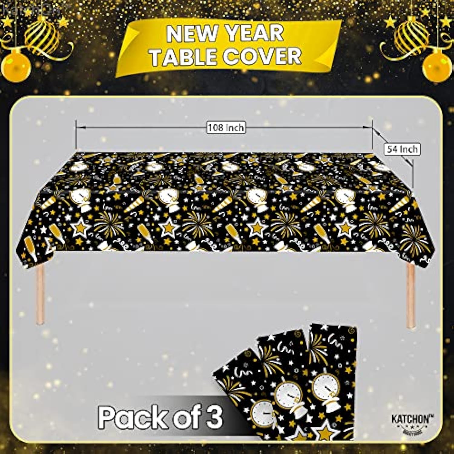 3 Pcs 108x54 Inch Black Gold Happy New Year Tablecloths 2026 Disposable Party Decor