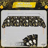 3 Pcs 108x54 Inch Black Gold Happy New Year Tablecloths 2026 Disposable Party Decor