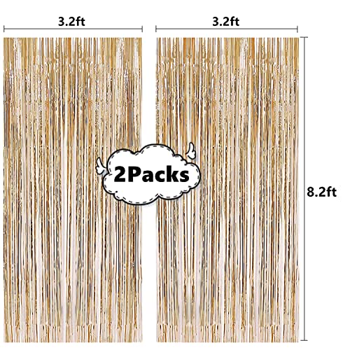 2 Pcs 3.2ft x 8.2ft Champagne Gold Metallic Tinsel Foil Fringe Curtains Photo Booth Backdrop for Baby Shower Birthday Wedding Holiday Celebration Bachelorette Party Decorations