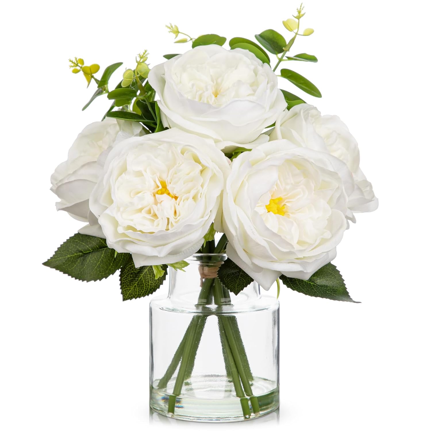 Real Touch Peonies Artificial Flowers Arrangements In Vase White Fake Peonies With Glass Vase Silk David Austin Roses Faux Flowers With Clear Faux Water Bouquet Table Centerpiece Home Decor