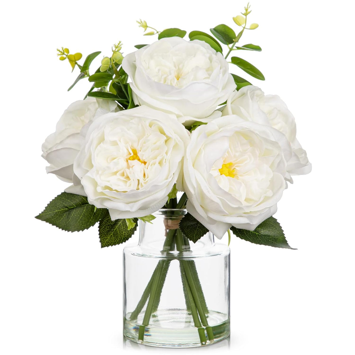 Real Touch Peonies Artificial Flowers Arrangements In Vase White Fake Peonies With Glass Vase Silk David Austin Roses Faux Flowers With Clear Faux Water Bouquet Table Centerpiece Home Decor